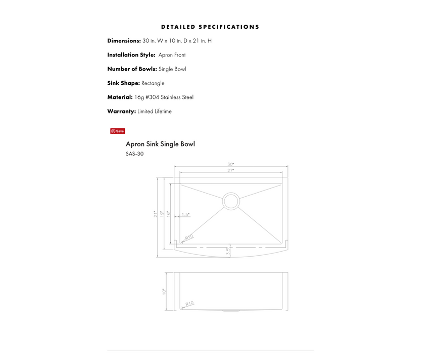 ZLINE 30 in. Zermatt Farmhouse Apron Mount Single Bowl Kitchen Sink with Bottom Grid (SAS)