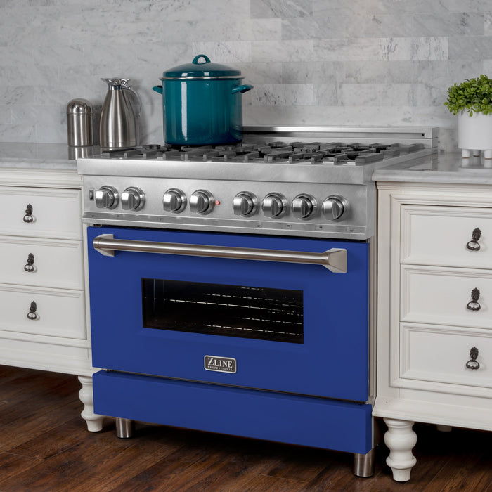 ZLINE 36 in. Professional Dual Fuel Range in Fingerprint Resistant Stainless Steel with Blue Gloss Door (RAS-BG-36)