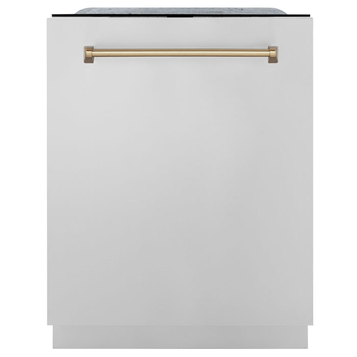 ZLINE Autograph Edition 24 in. 3rd Rack Top Touch Control Tall Tub Dishwasher in Stainless Steel with Champagne Bronze Handle, 45dBa (DWMTZ-304-24-CB)