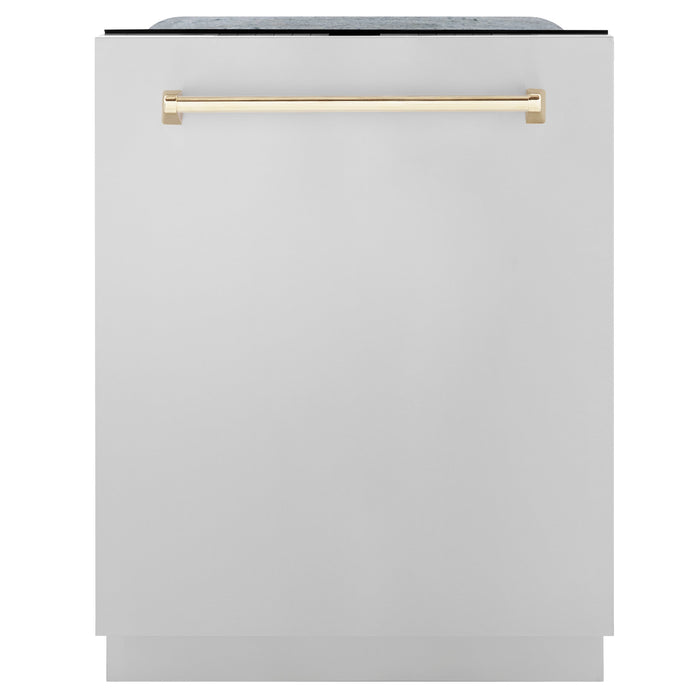 ZLINE Autograph Edition 24 in. 3rd Rack Top Touch Control Tall Tub Dishwasher in Stainless Steel with Polished Gold Handle, 45dBa (DWMTZ-304-24-G)