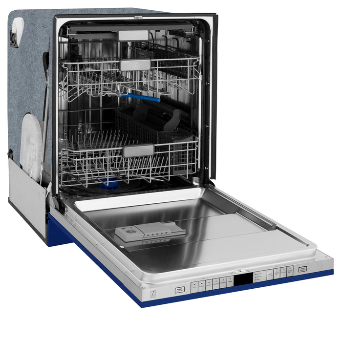 ZLINE 24 in. Panel-Included Monument Series 3rd Rack Top Touch Control Dishwasher with Blue Gloss and Stainless Steel Tub, 45dBa (DWMT-24-BG)