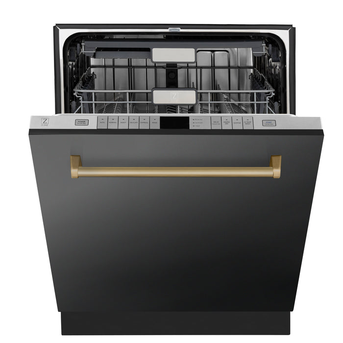 ZLINE Autograph Edition 24 in. 3rd Rack Top Touch Control Tall Tub Dishwasher in Black Stainless Steel with Champagne Bronze Handle, 45dBa (DWMTZ-BS-24-CB)