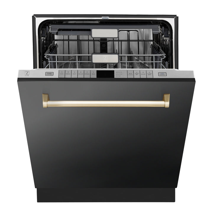 ZLINE Autograph Edition 24 in. 3rd Rack Top Touch Control Tall Tub Dishwasher in Black Stainless Steel with Polished Gold Handle, 45dBa (DWMTZ-BS-24-G)