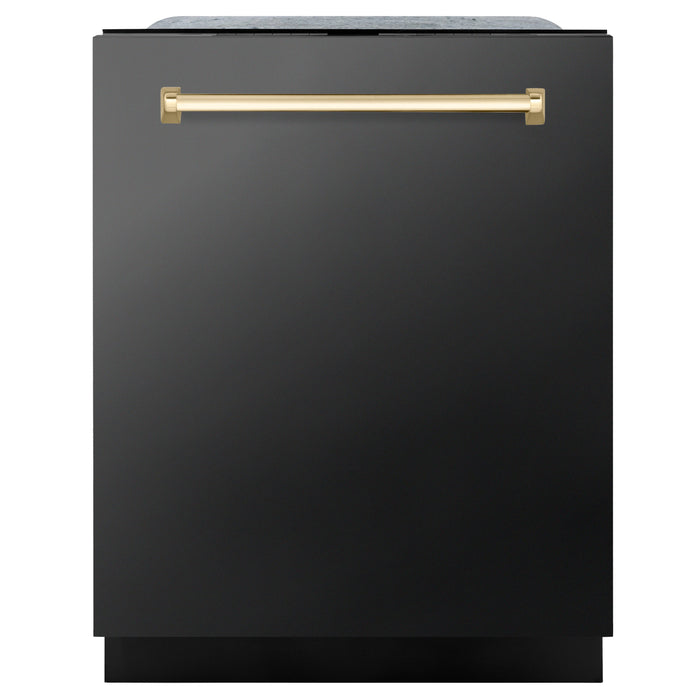 ZLINE Autograph Edition 24 in. 3rd Rack Top Touch Control Tall Tub Dishwasher in Black Stainless Steel with Polished Gold Handle, 45dBa (DWMTZ-BS-24-G)