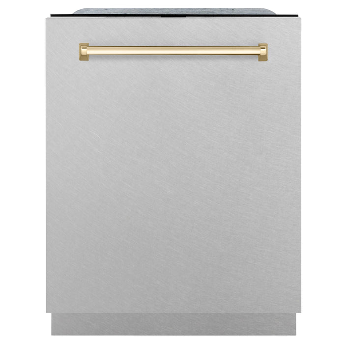 ZLINE Autograph Edition 24" 3rd Rack Top Control Tall Tub Dishwasher in Fingerprint Resistant Stainless Steel with Polished Gold Accents, 45dBa (DWMTZ-SN-24-G)