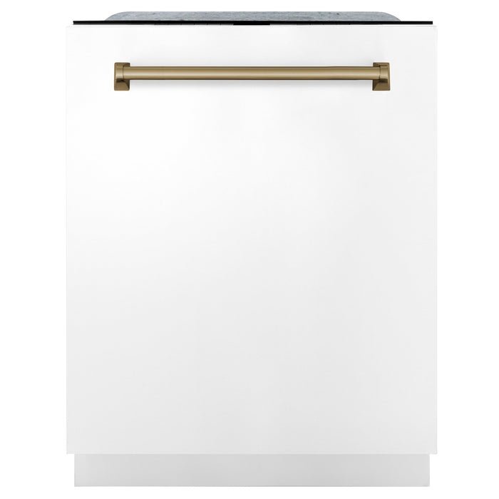 ZLINE Autograph Edition 24 in. 3rd Rack Top Touch Control Tall Tub Dishwasher in White Matte with Champagne Bronze Accent Handle, 45dBa (DWMTZ-WM-24-CB)