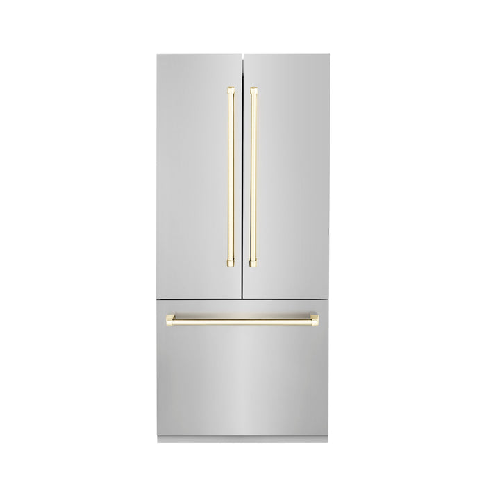 ZLINE 36” Autograph Edition 19.6 cu. ft. Built-in 2-Door Bottom Freezer Refrigerator with Internal Water and Ice Dispenser in Stainless Steel with Polished Gold Accents (RBIVZ-304-36-G)