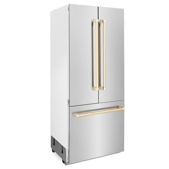 ZLINE 36” Autograph Edition 19.6 cu. ft. Built-in 2-Door Bottom Freezer Refrigerator with Internal Water and Ice Dispenser in Stainless Steel with Polished Gold Accents (RBIVZ-304-36-G)