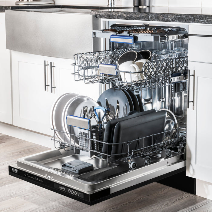 ZLINE 24" Tallac Series 3rd Rack Dishwasher with Black Stainless Steel Panel and Traditional Handle, 51dBa (DWV-BS-24)