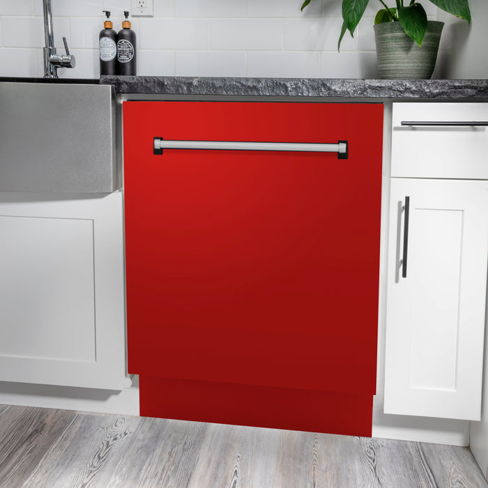 ZLINE 24" Tallac Series 3rd Rack Dishwasher with Red Matte Panel and Traditional Handle, 51dBa (DWV-RM-24)