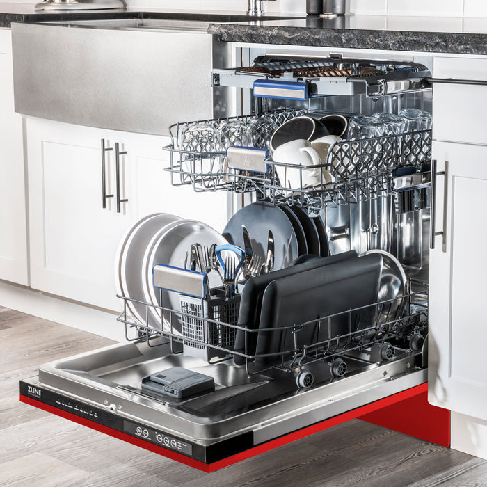 ZLINE 24" Tallac Series 3rd Rack Dishwasher with Red Matte Panel and Traditional Handle, 51dBa (DWV-RM-24)