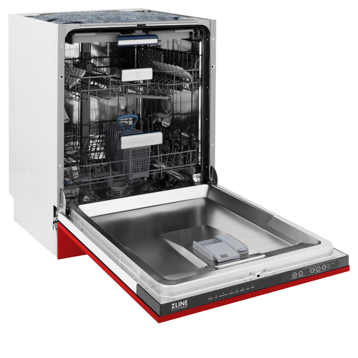 ZLINE 24" Tallac Series 3rd Rack Dishwasher with Red Matte Panel and Traditional Handle, 51dBa (DWV-RM-24)