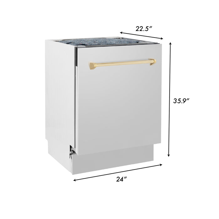 ZLINE Autograph Edition 24 in. 3rd Rack Top Control Tall Tub Dishwasher in Stainless Steel with Polished Gold Handle, 51dBa (DWVZ-304-24-G)