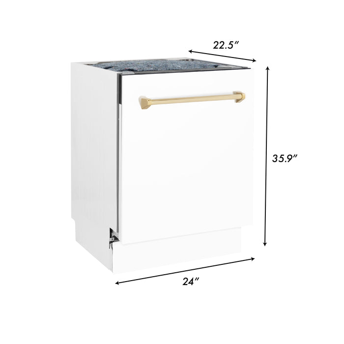 ZLINE Autograph Edition 24 in. 3rd Rack Top Control Tall Tub Dishwasher in White Matte with Polished Gold Accent Handle, 51dBa (DWVZ-WM-24-G)