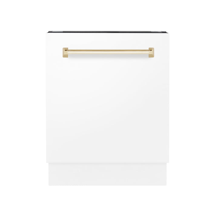 ZLINE Autograph Edition 24 in. 3rd Rack Top Control Tall Tub Dishwasher in White Matte with Polished Gold Accent Handle, 51dBa (DWVZ-WM-24-G)