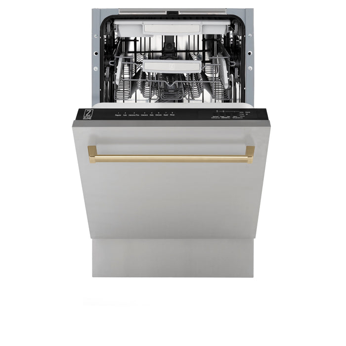 ZLINE Autograph Edition 18” Compact 3rd Rack Top Control Dishwasher in Stainless Steel with Champagne Bronze Handle, 51dBa (DWVZ-304-18-CB)