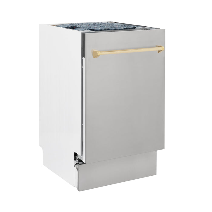 ZLINE Autograph Edition 18” Compact 3rd Rack Top Control Dishwasher in Stainless Steel with Polished Gold Handle, 51dBa (DWVZ-304-18-G)