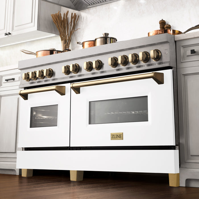 ZLINE Autograph Edition 60 in. 7.4 cu. ft. Dual Fuel Range with Gas Stove and Electric Oven in DuraSnow Stainless Steel with White Matte Door and Polished Gold Accents (RASZ-WM-60-G)