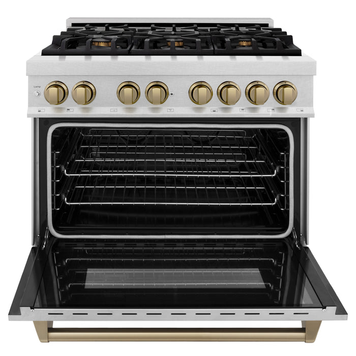 ZLINE Autograph Edition 36 in. 4.6 cu. ft. Dual Fuel Range with Gas Stove and Electric Oven in DuraSnow Stainless Steel with Champagne Bronze Accents (RASZ-SN-36-CB)