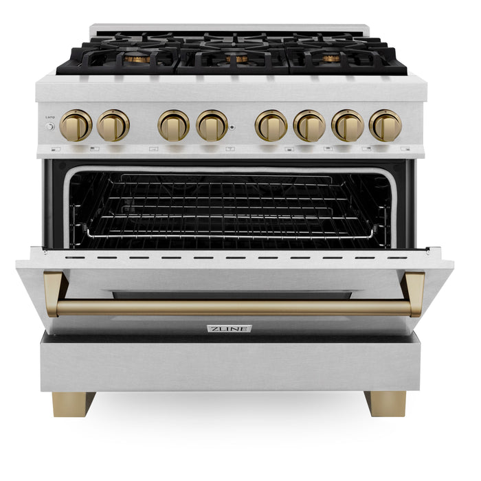 ZLINE Autograph Edition 36 in. 4.6 cu. ft. Dual Fuel Range with Gas Stove and Electric Oven in DuraSnow Stainless Steel with Champagne Bronze Accents (RASZ-SN-36-CB)