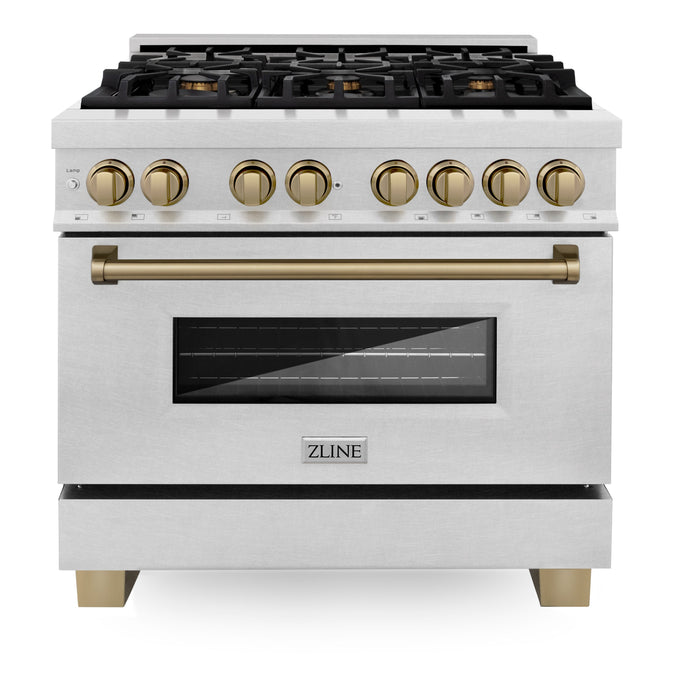 ZLINE Autograph Edition 36 in. 4.6 cu. ft. Dual Fuel Range with Gas Stove and Electric Oven in DuraSnow Stainless Steel with Champagne Bronze Accents (RASZ-SN-36-CB)