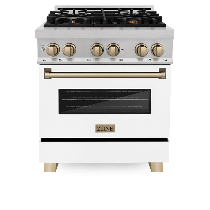 ZLINE Autograph Edition 30 in. 4.0 cu. ft. Dual Fuel Range with Gas Stove and Electric Oven in Fingerprint Resistant Stainless Steel with White Matte Door and Champagne Bronze Accents (RASZ-WM-30-CB)