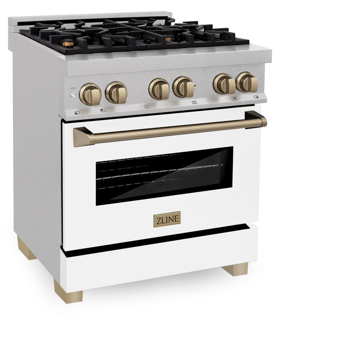 ZLINE Autograph Edition 30 in. 4.0 cu. ft. Dual Fuel Range with Gas Stove and Electric Oven in Fingerprint Resistant Stainless Steel with White Matte Door and Champagne Bronze Accents (RASZ-WM-30-CB)