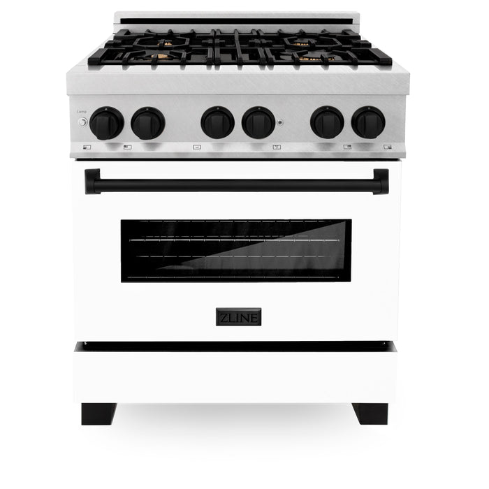 ZLINE Autograph Edition 30 in. 4.0 cu. ft. Dual Fuel Range with Gas Stove and Electric Oven in Fingerprint Resistant Stainless Steel with White Matte Door and Matte Black Accents (RASZ-WM-30-MB)