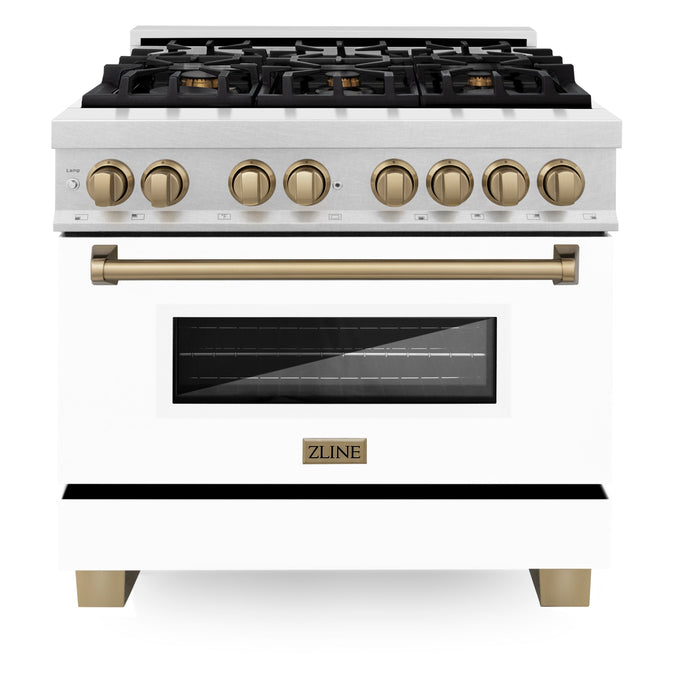 ZLINE Autograph Edition 36 in. 4.6 cu. ft. Dual Fuel Range with Gas Stove and Electric Oven in DuraSnow Stainless Steel with White Matte Door and Champagne Bronze Accents (RASZ-WM-36-CB)