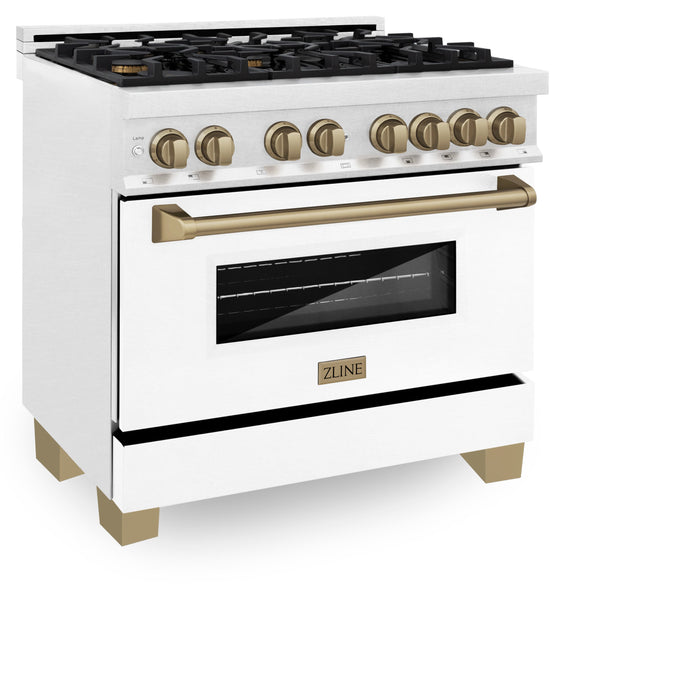 ZLINE Autograph Edition 36 in. 4.6 cu. ft. Dual Fuel Range with Gas Stove and Electric Oven in DuraSnow Stainless Steel with White Matte Door and Champagne Bronze Accents (RASZ-WM-36-CB)