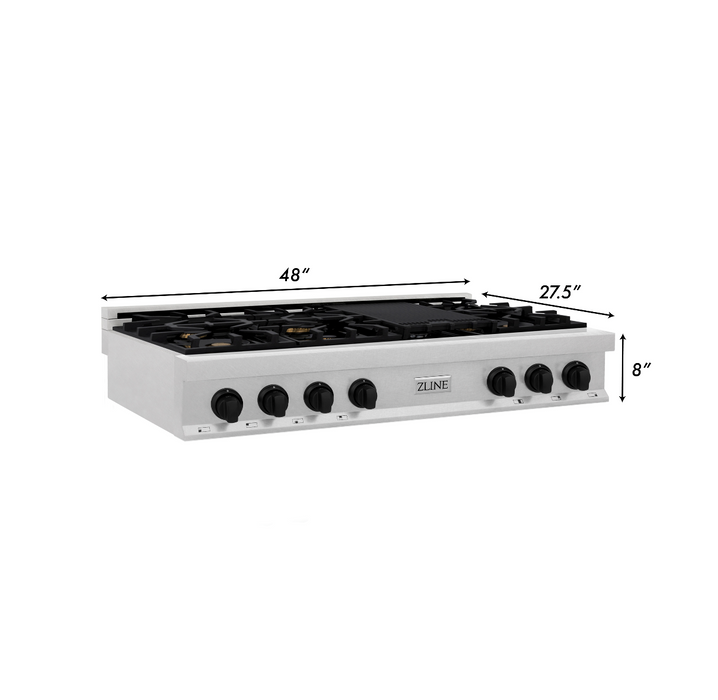 ZLINE Autograph Edition 48 in. Porcelain Rangetop with 7 Gas Burners in DuraSnow Stainless Steel and Matte Black Accents (RTSZ-48-MB)