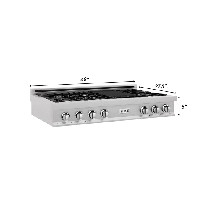 ZLINE 48 in. Porcelain Gas Stovetop in DuraSnow Stainless Steel with 7 Gas Burners and Griddle (RTS-48)