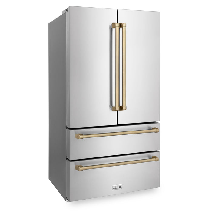 ZLINE 36 in. Autograph Edition 22.5 cu. ft Freestanding French Door Refrigerator with Ice Maker in Fingerprint Resistant Stainless Steel with Champagne Bronze Accents (RFMZ-36-CB)