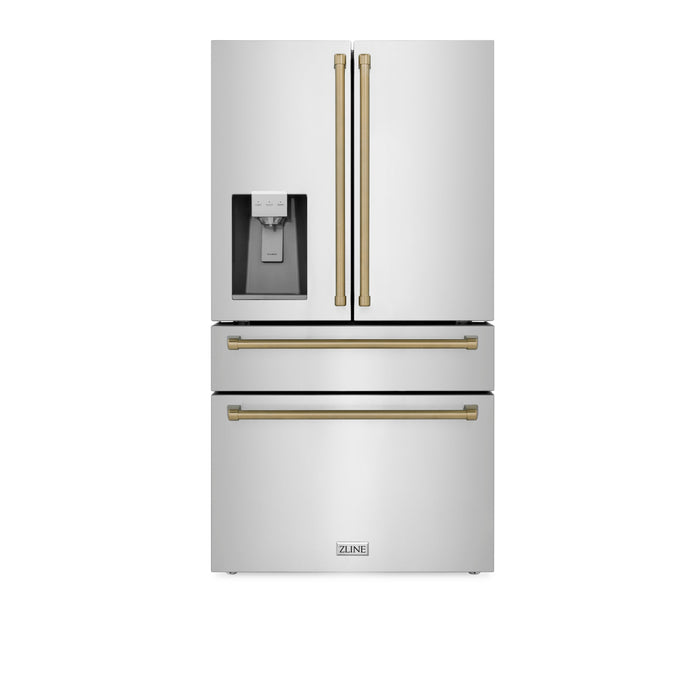 ZLINE 36 in. Autograph Edition 21.6 cu. ft Freestanding French Door Refrigerator with Water Dispenser in Stainless Steel with Champagne Bronze Accents (RFMZ-W-36-CB)