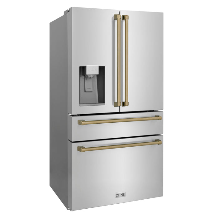 ZLINE 36 in. Autograph Edition 21.6 cu. ft Freestanding French Door Refrigerator with Water Dispenser in Stainless Steel with Champagne Bronze Accents (RFMZ-W-36-CB)