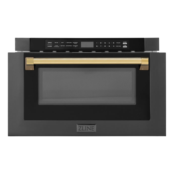 ZLINE Autograph Edition 24 in. 1.2 cu. ft. Built-in Microwave Drawer in Black Stainless Steel with Polished Gold Accents (MWDZ-1-BS-H-G)