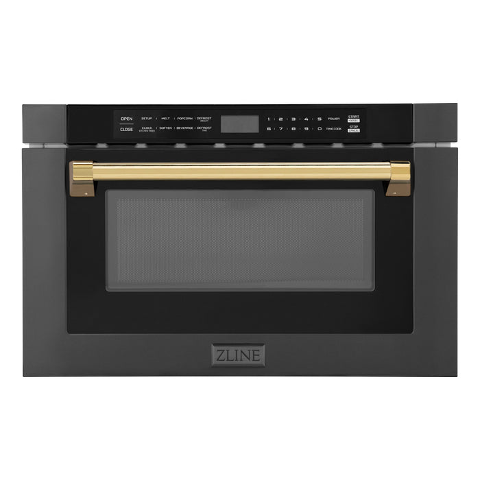 ZLINE Autograph Edition 24 in. 1.2 cu. ft. Built-in Microwave Drawer in Black Stainless Steel with Polished Gold Accents (MWDZ-1-BS-H-G)