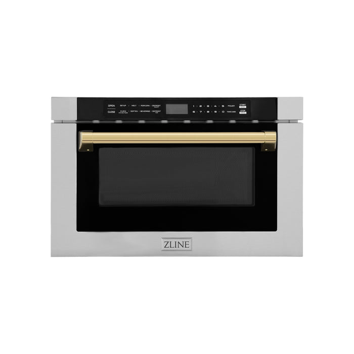 ZLINE Autograph Edition 24 in. 1.2 cu. ft. Built-in Microwave Drawer with a Traditional Handle in Stainless Steel and Polished Gold Accents (MWDZ-1-H-G)