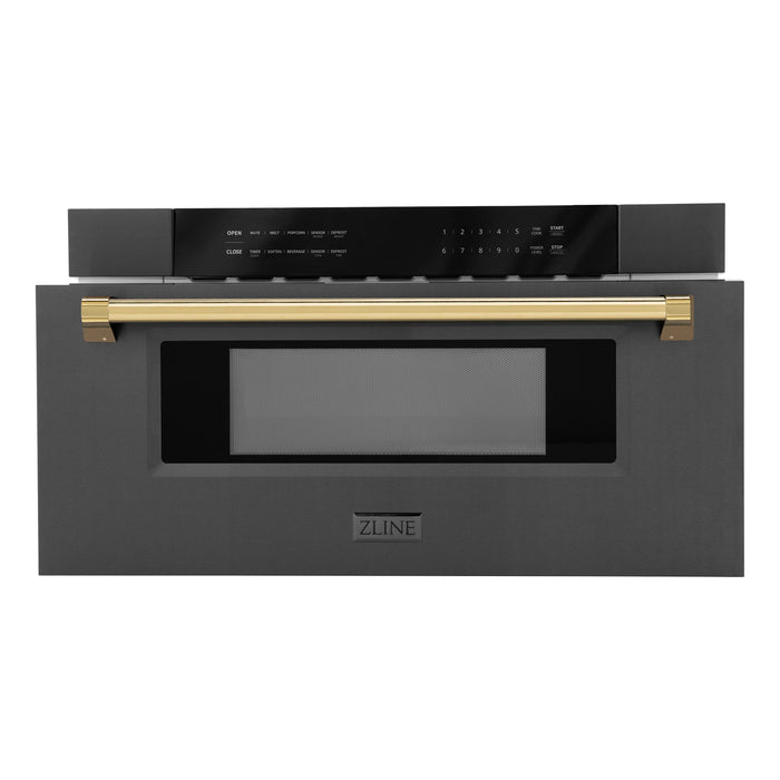 ZLINE Autograph Edition 30 in. 1.2 cu. ft. Built-in Microwave Drawer in Black Stainless Steel with Polished Gold Accents (MWDZ-30-BS-G)