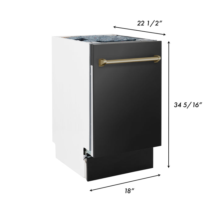 ZLINE Autograph Edition 18” Compact 3rd Rack Top Control Dishwasher in Black Stainless Steel with Champagne Bronze Accent Handle, 51dBa (DWVZ-BS-18-CB)