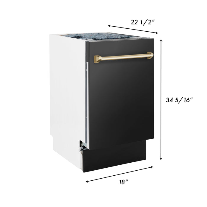 ZLINE Autograph Edition 18” Compact 3rd Rack Top Control Dishwasher in Black Stainless Steel with Polished Gold Accent Handle, 51dBa (DWVZ-BS-18-G)