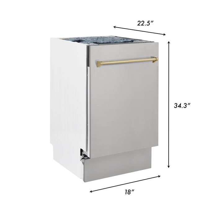 ZLINE Autograph Edition 18” Compact 3rd Rack Top Control Dishwasher in Stainless Steel with Champagne Bronze Handle, 51dBa (DWVZ-304-18-CB)