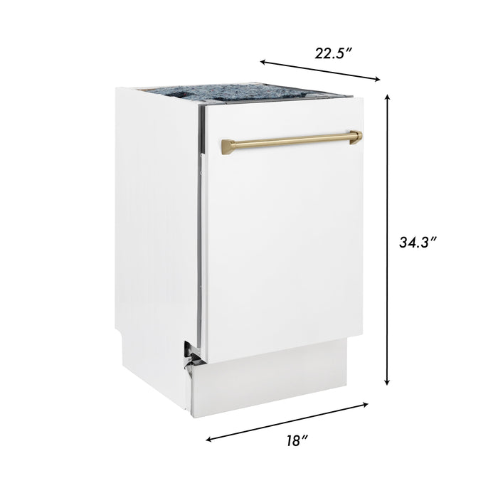 ZLINE Autograph Edition 18” Compact 3rd Rack Top Control Dishwasher in White Matte with Champagne Bronze Accent Handle, 51dBa (DWVZ-WM-18-CB)