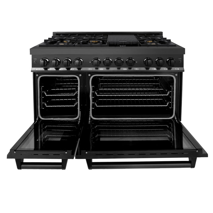 ZLINE 48 in. Kitchen Package with Black Stainless Steel Dual Fuel Range and Convertible Vent Range Hood (2KP-RABRH48)