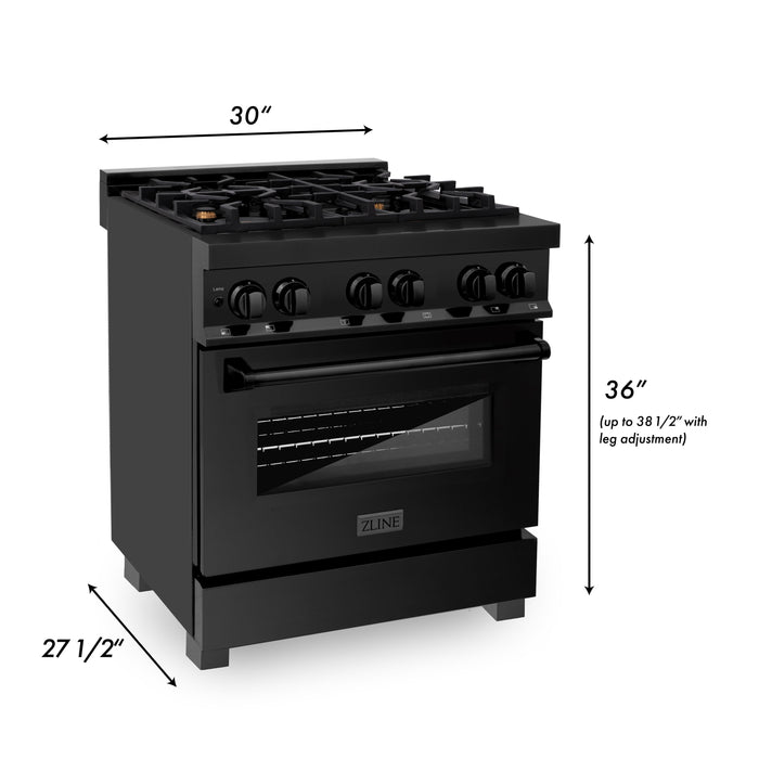 ZLINE 30 in. 4.0 cu. ft. Dual Fuel Range with Gas Stove and Electric Oven in Black Stainless Steel with Brass Burners (RAB-BR-30)