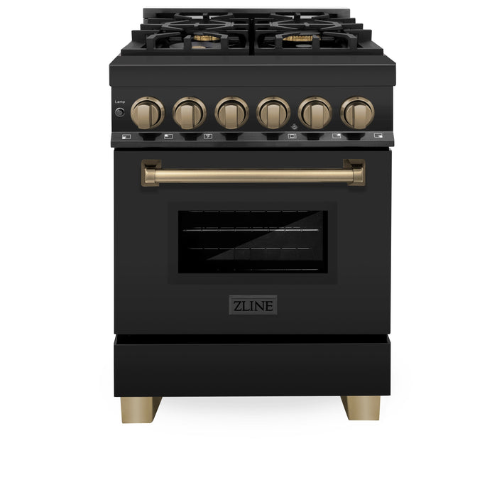 ZLINE Autograph Edition 24 in. 2.8 cu. ft. Dual Fuel Range with Gas Stove and Electric Oven in Black Stainless Steel with Champagne Bronze Accents (RABZ-24-CB)