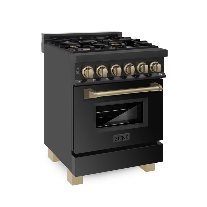 ZLINE Autograph Edition 24 in. 2.8 cu. ft. Dual Fuel Range with Gas Stove and Electric Oven in Black Stainless Steel with Champagne Bronze Accents (RABZ-24-CB)