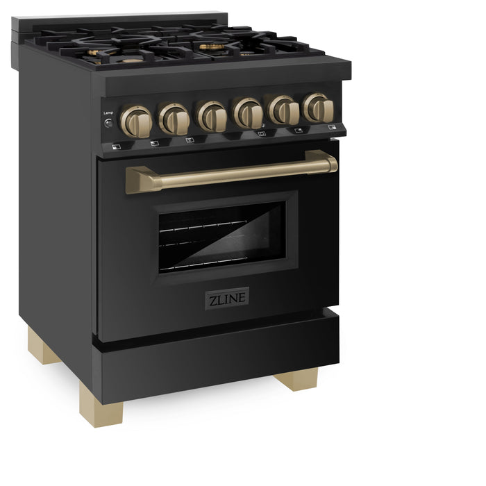 ZLINE Autograph Edition 24 in. 2.8 cu. ft. Dual Fuel Range with Gas Stove and Electric Oven in Black Stainless Steel with Champagne Bronze Accents (RABZ-24-CB)