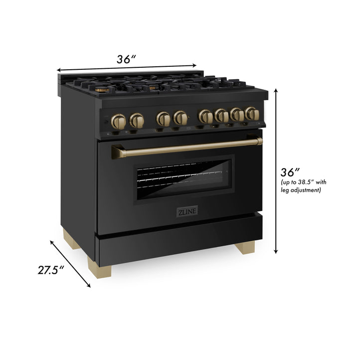 ZLINE 36 in. Autograph Edition Kitchen Package with Black Stainless Steel Dual Fuel Range and Range Hood with Champagne Bronze Accents (2AKP-RABRH36-CB)