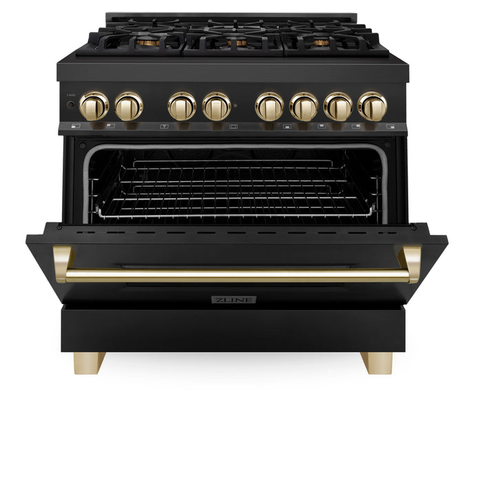 ZLINE Autograph Edition 36 in. 4.6 cu. ft. Dual Fuel Range with Gas Stove and Electric Oven in Black Stainless Steel with Polished Gold Accents (RABZ-36-G)